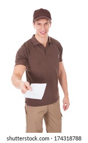 Happy Man Delivering Mail Over White Background