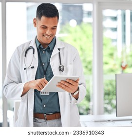 Happy man, doctor and tablet in medical research for innovation, networking or Telehealth at hospital. Male person or healthcare professional smile on technology for online communication or browsing - Powered by Shutterstock