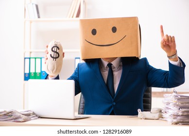 Happy Man Employee With Box Instead Of His Head