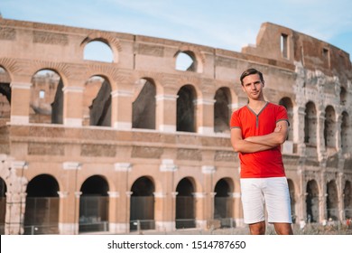 Happy man in Europe in Rome over Coliseum background. Italian european vacation - Shutterstock ID 1514787650