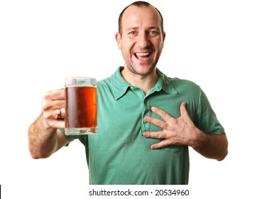 Happy Man With Glass Of Beer, Isolated On White.