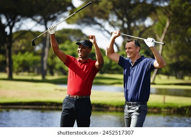 Happy man, golfer and celebration with club for winning, point or score in outdoor nature. Young male person, friends or people with smile for teamwork, victory or match on grass field or golf course - Powered by Shutterstock