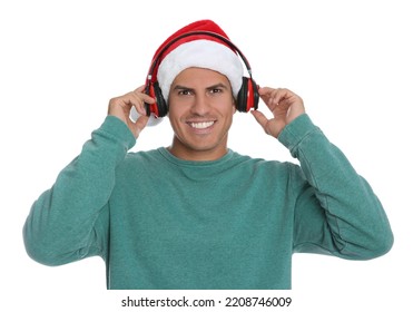 Happy Man With Headphones On White Background. Christmas Music