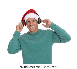 Happy Man With Headphones On White Background. Christmas Music