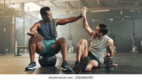 Happy man, high five and fitness in sports motivation, teamwork or partnership at the gym. People touching hands in workout, exercise or training together for physical health or wellness at gymnasium - Powered by Shutterstock