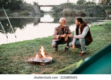 Happy man and his mature father toasting with beer while by campfire in nature. Copy space.