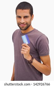 Happy Man Holding Credit Card On White Background