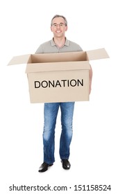 Happy Man Holding Donation Box Isolated On White Background