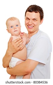 Happy Man Holding Sweet Little Kid In Nappy Over Isolated Background. Mask Included