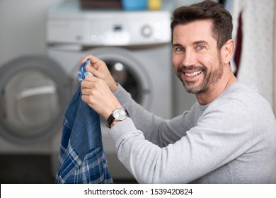 Happy Man Loading Clothes Into Washing Stock Photo 1539420824 ...