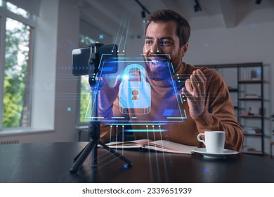 Happy man is making video blog using smartphone on a tripod explaining, teaching, master class people in room. Concept of online stream, business education, conference call. Lock Security info seminar - Powered by Shutterstock