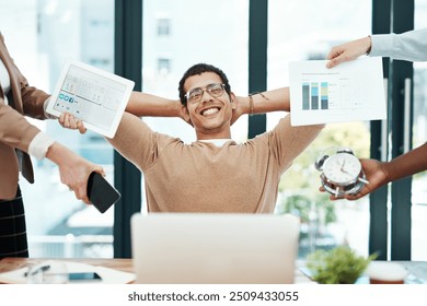 Happy man, multitasking and group with hands, office or portrait for charts, laptop and smartphone. Person, smile and time management with calm, relax or tablet for progress report at creative agency - Powered by Shutterstock