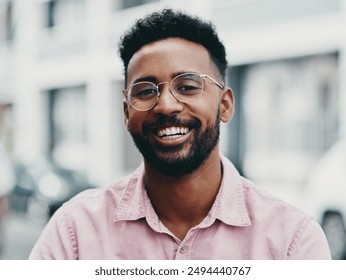 Happy, man and portrait with glasses in city for eyesight or clear vision, optometry wellness and prescription lens. Male student, eye care and smile with spectacles for ocular surface disease.