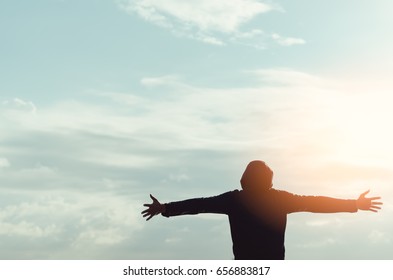 Happy Man Raise Hands On Blue Stock Photo 656883817 