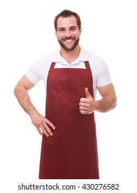 Happy Man With Red Apron Makes A Gesture Thumb Up On White Background