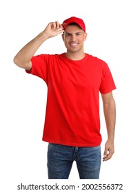 Happy Man In Red Cap And Tshirt On White Background. Mockup For Design