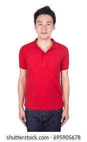 Happy Man In Red Polo Shirt Isolated On White Background