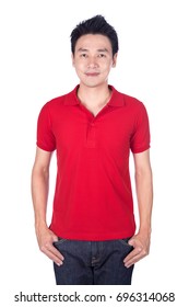 Happy Man In Red Polo Shirt Isolated On White Background