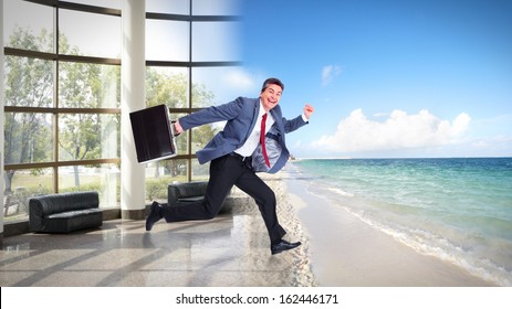 Happy Man Running On The Beach. Vacation