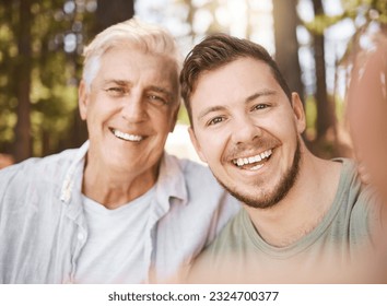 Happy man, selfie or senior father in woods or nature for family memory or bonding with smile, care or love. Portrait, photography or mature dad taking pictures together for social media with son - Powered by Shutterstock