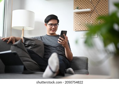 Happy man sitting on couch and surfing internet on smart phone.