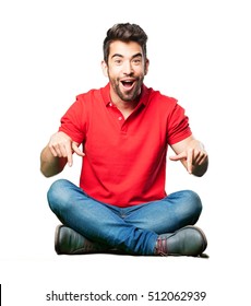 Happy Man Sitting Pointing Down