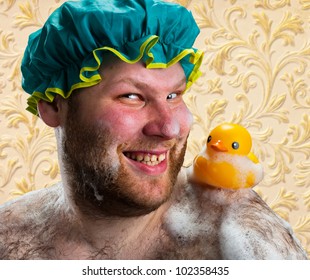 Happy Man Taking Bath With Duck Toy