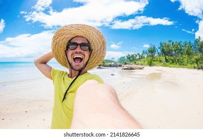 Happy Man Taking Selfie Pic At The Beach - Traveler Guy Enjoying Freedom Outside - Summer Vacations And Trip Concept