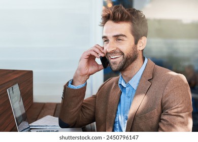 Happy man, technology and phone call in coffee shop for talk, online working, and networking. Laptop, male person and digital chat in outdoor cafe office for happiness, business and freelance work. - Powered by Shutterstock