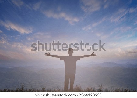 Happy man thinking feeling ambitious empowered energy vision on mountain background. Christian prayer love freedom worship praise God. Strength courage self confidence good for yourself concept 2024