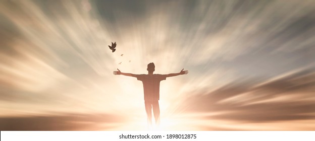 Happy man thinking felling depression energy mission on background. christian realization pray freedom worship praise god. People ambitious self confident good power of life yourself bird fly concept 