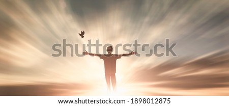 Happy man thinking felling depression energy calm mission on background. christian realize pray freedom worship praise god. People self coach confident good life power yourself bird fly concept