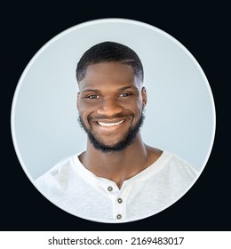 Happy Man. Toothy Smile. Positive Emotion. Dental Care. Joyful Guy Face Portrait Isolated On Neutral Background In Round Avatar Black Frame.