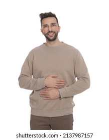 Happy Man Touching His Belly On White Background. Concept Of Healthy Stomach