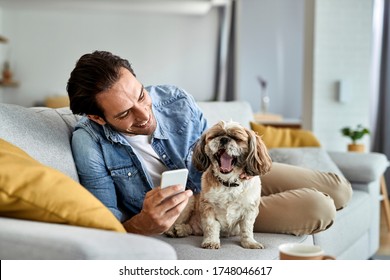 Happy Man Using Smart Phone While Relaxing On The Sofa With His Dog Who Is Yawning. 