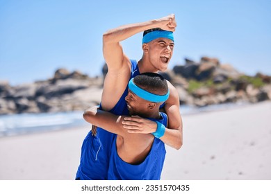 Happy man, volleyball and hug in celebration on beach in winning, success or teamwork in fitness. Excited male person fist in team sport, game or match in victory, score or achievement on ocean coast - Powered by Shutterstock