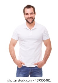 Happy Man In A White Polo Shirt With Hands In Pockets