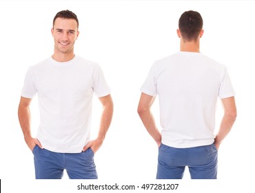 Happy Man In White T-shirt On White Background