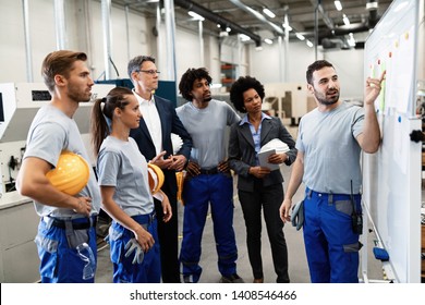 Happy manual worker presenting the results of business development while giving presentation to company leaders and his team in a factory. 