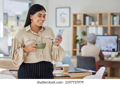 Happy Marketing Manager Texting On Phone, Advertising Small Business Startup On Social Media And Drinking A Coffee. Young Professional Woman Browsing Online, Typing Email And Respond To Text Message