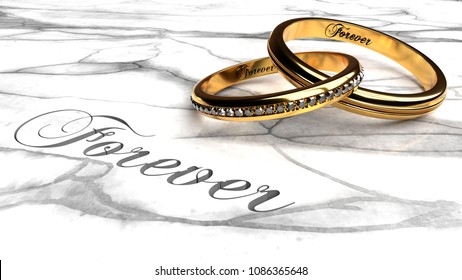 Happy marriage, love forever, together eternally symbolized by two expensive, joined together, inseparable wedding rings with engraved word 'forever' on a white marble table, close up