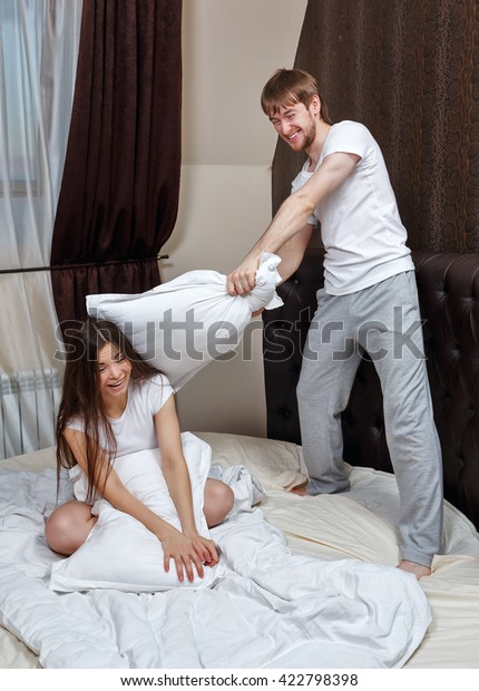 Happy Married Couple Pillow Fight Marital Stock Photo Edit Now