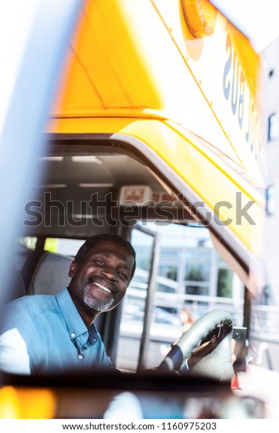 happy mature african american bus driver looking\
at camera
