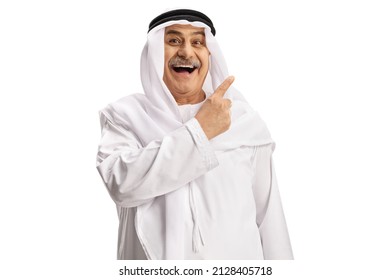 Happy Mature Arab Man Pointing With Finger Isolated On White Background