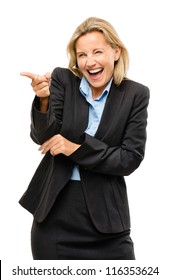 Happy Mature Business Woman Pointing Laughing Being Silly Isolated On White Background