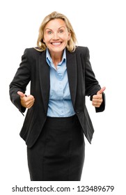 Happy mature business woman thumbs up isolated on white background