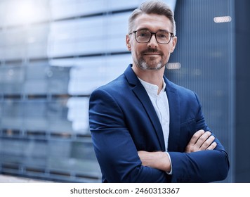 Happy, mature businessman and portrait with crossed arms for pride and professional career outdoors in urban city. Smile, male person or ceo for confidence, ambition and dedication to law firm - Powered by Shutterstock