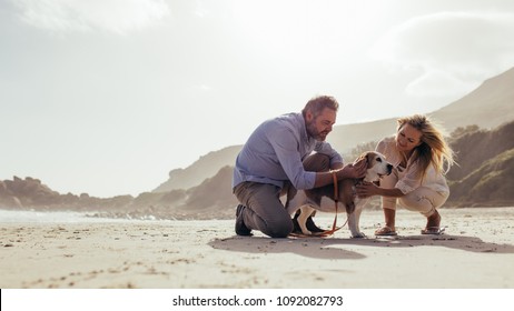 Happy Mature Couple Caresses Their Pet Dog On The Beach. Senior Man And Woman On The Sea Shore With Their Pet Dog In Morning.