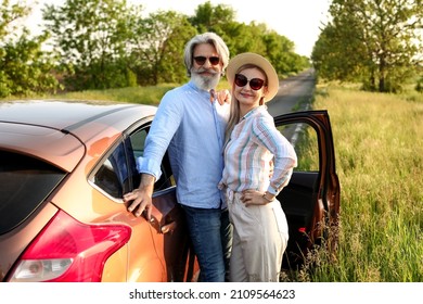 Happy Mature Couple Near Car In Countryside