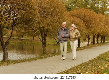 Happy Mature Couple Walking In  Autumn Park